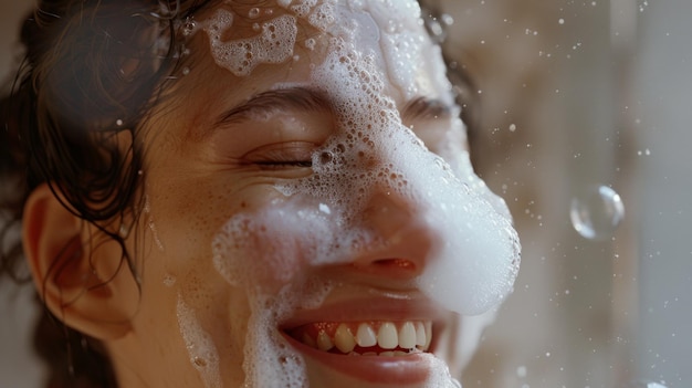 Momento alegre capturado quando a água salpa o rosto de uma mulher durante um chuveiro refrescante