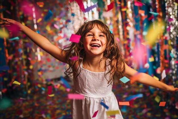 Momento alegre cuando una niña feliz y sonriente está rodeada por una explosión de plumas de colores divertidos Generado por IA