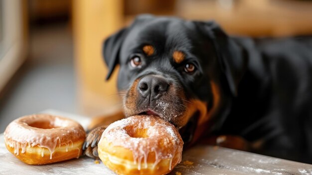 El momento alegre de un perro Rottweiler comiendo rosquillas en una fotografía especial