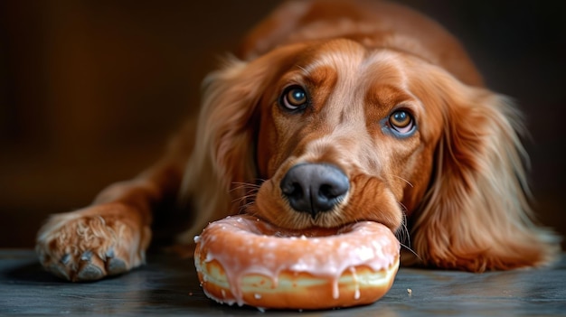 Foto el momento alegre de un perro setter irlandés comiendo rosquillas en una fotografía especial