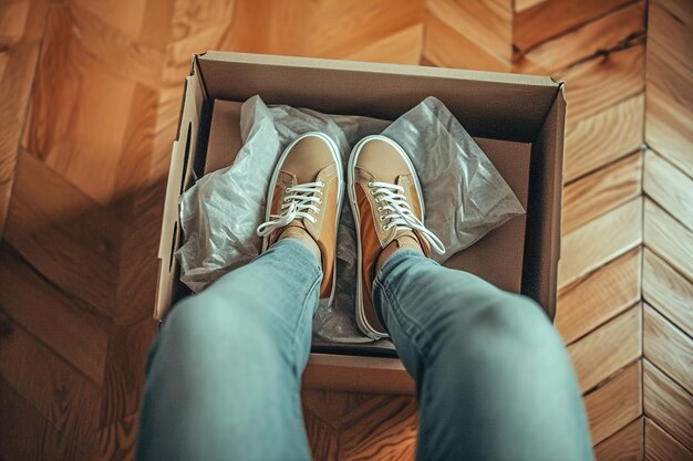 Momento alegre de una persona abriendo un paquete entregado revelando los zapatos pedidos en el interior Anti alegre