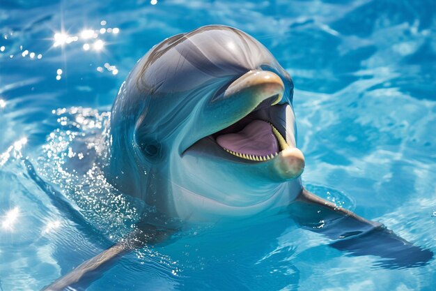 Foto un momento alegre en primer plano de una cara sonriente de un delfín mirándote