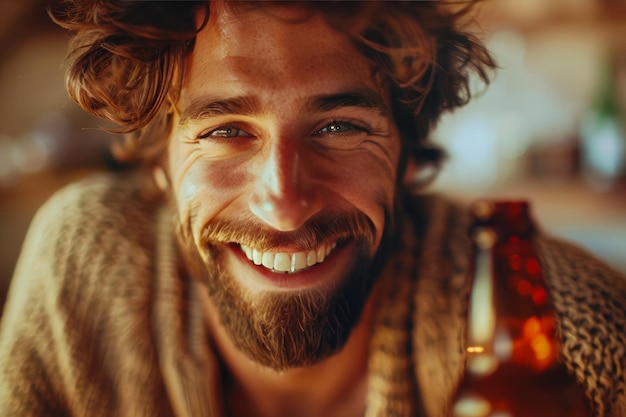 Un momento alegre de primer plano de un hombre riendo con cerveza