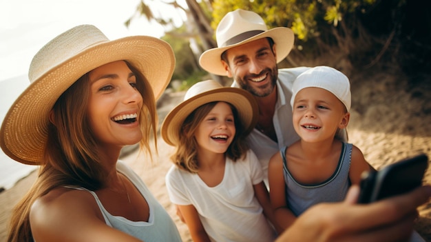 Un momento de alegre selfie familiar con una mujer sonriente