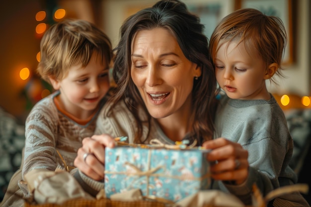 Un momento de alegría familiar con la madre y los hijos abriendo juntos una caja de regalos en el interior con luces cálidas