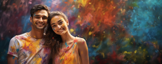 Un momento de alegría de una joven pareja cubierta de pintura de colores