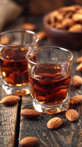 Momento de aperitivo Copas disparadas con licor de amaretto y almendras en la mesa Papel de pared móvil vertical