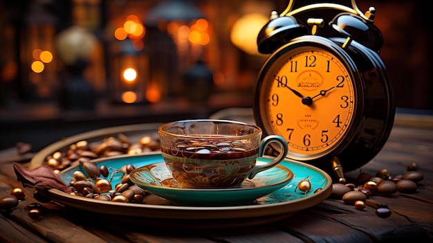 Foto momento atemporal com café e despertador vintage em luz ambiente