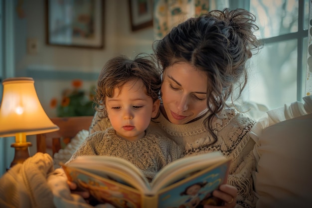 Momento cálido e íntimo de una madre leyendo un libro de cuentos a su pequeño hijo por el suave resplandor de un