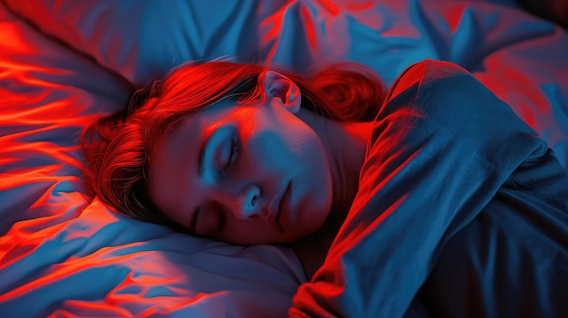 Un momento de calma: una niña durmiendo en medio del suave resplandor de la luz roja y azul captura la esencia de un sueño tranquilo.