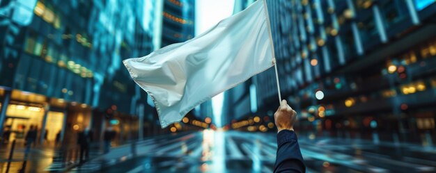 Momento de capitulación bandera blanca sostenida por un hombre de negocios edificio alto borroso que transmite la derrota corporativa