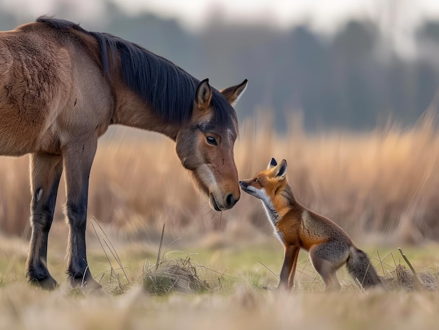 Momento cautivador entre el caballo y el zorro en el sereno prado Interacción y armonía de la vida silvestre en