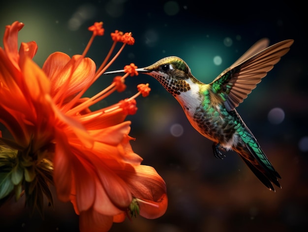 Foto un momento cautivador un impresionante colibri aterrizando en una vibrante flor de naranja
