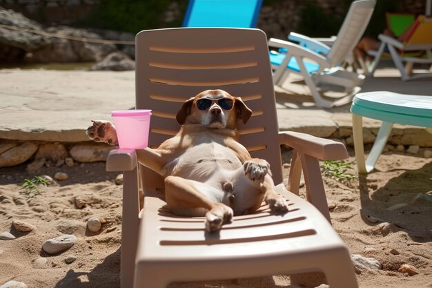 Un momento cómico de un perro de aspecto gracioso con gafas de sol acostado en una tumbona en la playa