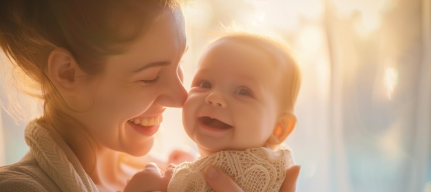 Momento comovente, alegria, mãe e bebê se unindo e sorrindo juntos.