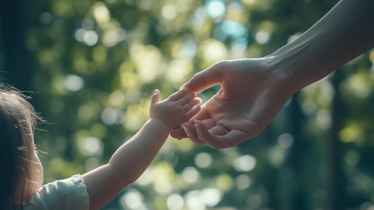 Un momento de conexión entre un niño y un adulto en un bosque iluminado por el sol en un día de primavera