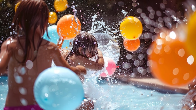 Momento congelado de batalha de balões de água em uma festa de piscina de verão animada