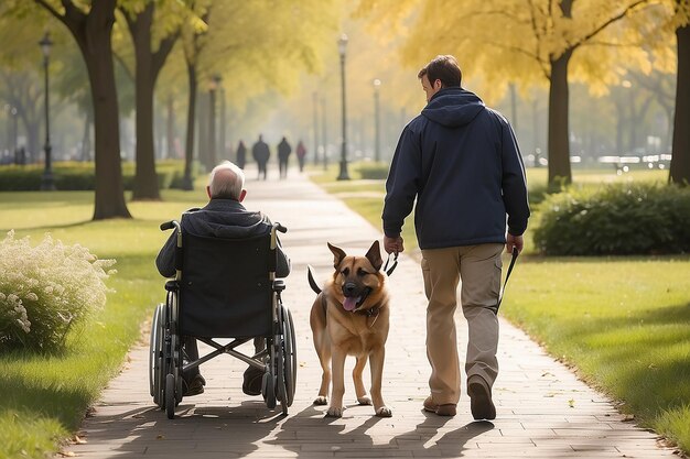 Un momento conmovedor se desarrolla cuando un hombre caucásico en silla de ruedas es acompañado por su leal perro de servicio para un paseo pacífico en el parque