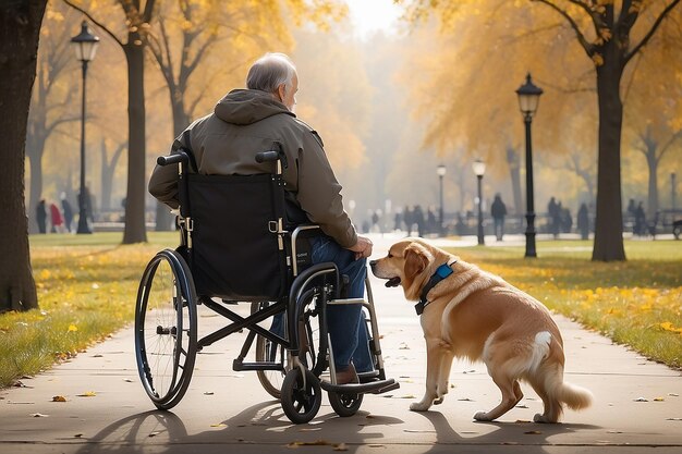 Un momento conmovedor se desarrolla cuando un hombre caucásico en silla de ruedas es acompañado por su leal perro de servicio para un paseo pacífico en el parque