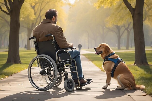 Foto un momento conmovedor se desarrolla cuando un hombre caucásico en silla de ruedas es acompañado por su leal perro de servicio para un paseo pacífico en el parque