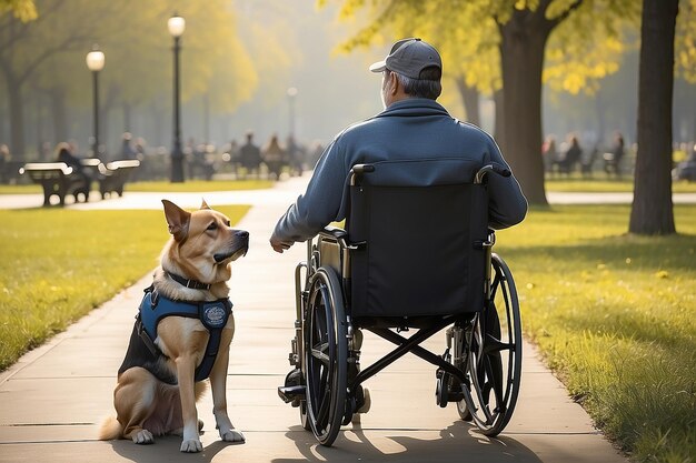 Un momento conmovedor se desarrolla cuando un hombre caucásico en silla de ruedas es acompañado por su leal perro de servicio para un paseo pacífico en el parque