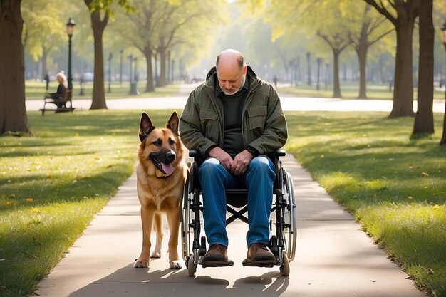 Foto un momento conmovedor se desarrolla cuando un hombre caucásico en silla de ruedas es acompañado por su leal perro de servicio para un paseo pacífico en el parque