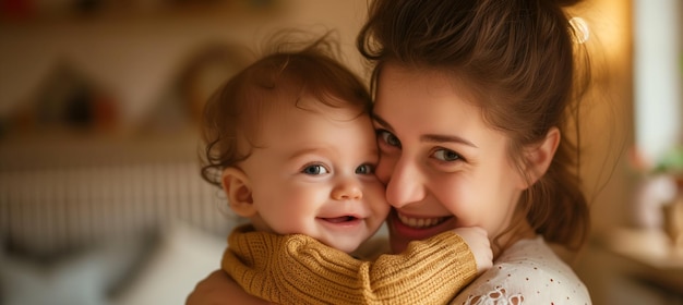 Un momento conmovedor, una madre y un bebé alegres, unidos y sonriendo juntos.