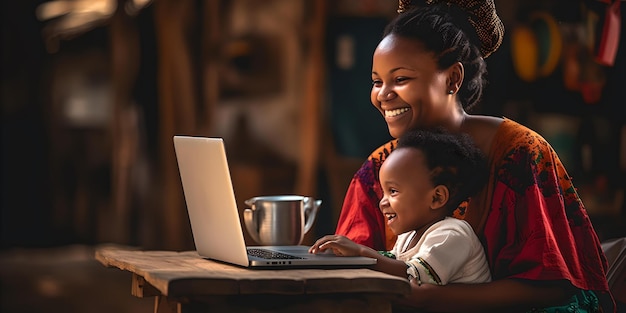 Momento conmovedor en el que madre e hijo usan una computadora portátil juntos y se unen a través de la tecnología AI