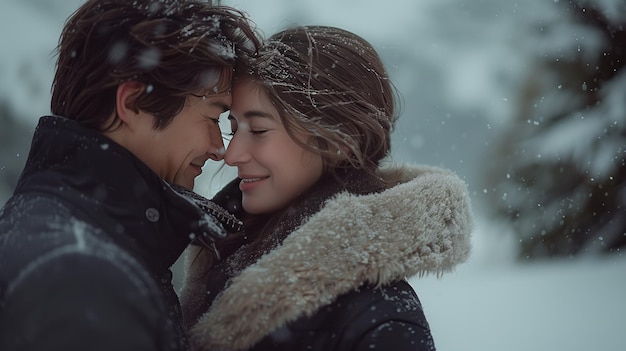 Momento de abraço de inverno entre um casal próximo e sorridente enquanto flocos de neve caem suavemente em torno deles encapsulando o calor do amor contra um fundo frio de inverno