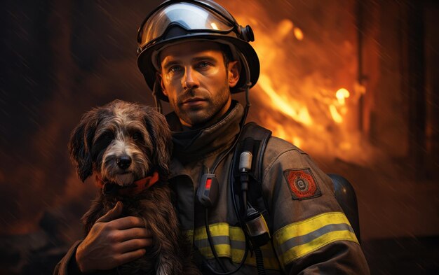Momento de resgate de animais de estimação do herói bombeiro do fogo
