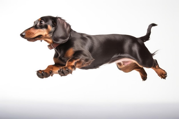 Foto momento de salto cachorro bassê em fundo branco