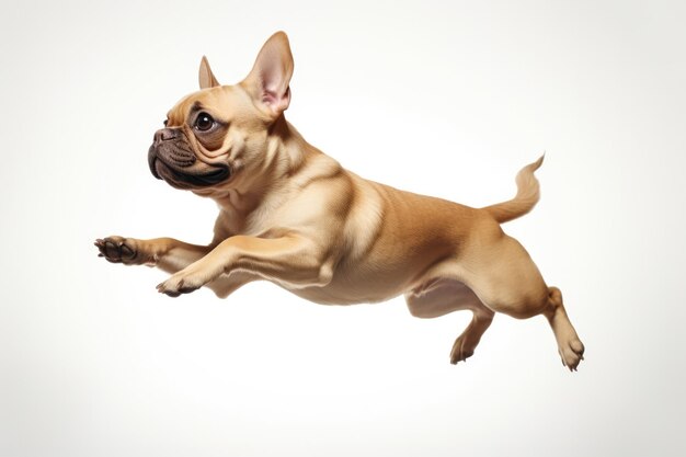 Foto momento de salto do bulldog francês em fundo branco