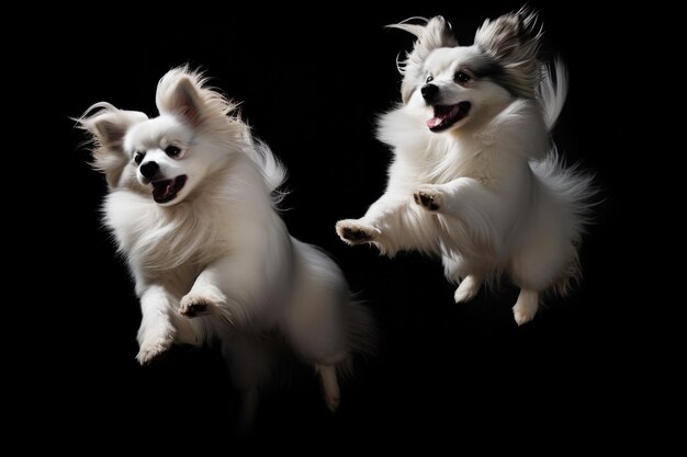 Momento de salto dois cachorro Ragdoll em fundo preto