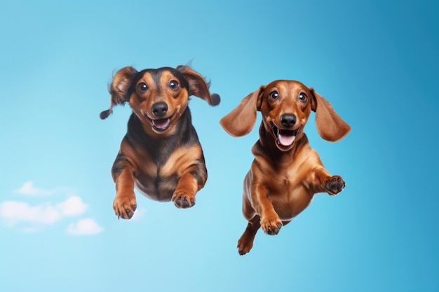 Momento de salto dois cães bassê em fundo azul celeste