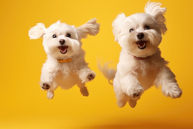 Momento de salto dois cães malteses em fundo amarelo