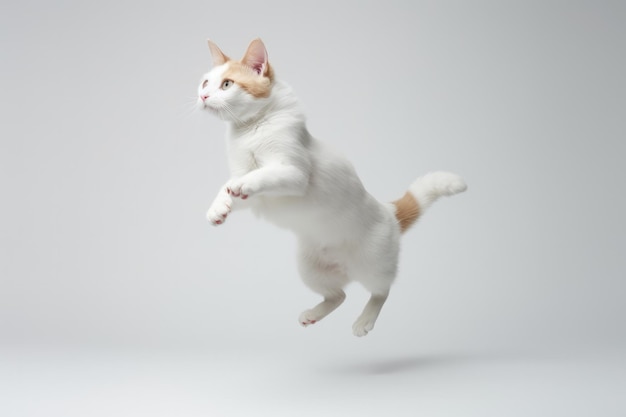 Momento de salto gato bobtail japonês em fundo branco