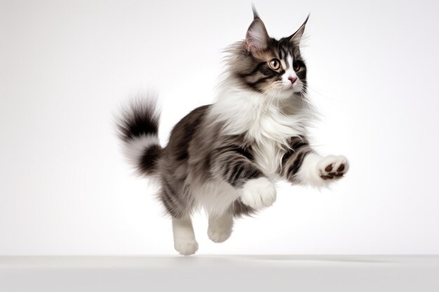 Momento de salto Gato da floresta norueguesa em fundo branco