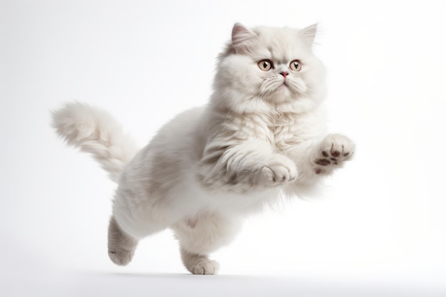 Momento de salto gato Selkirk Rex em fundo branco