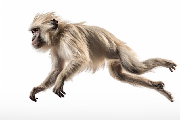 Momento de salto Lhoests macaco em fundo branco