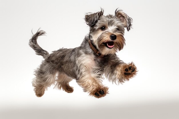 Momento de salto Schnoodle Dog em fundo branco