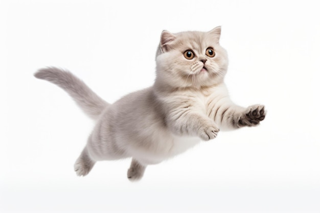 Momento de salto Scottish Fold Cat em fundo branco