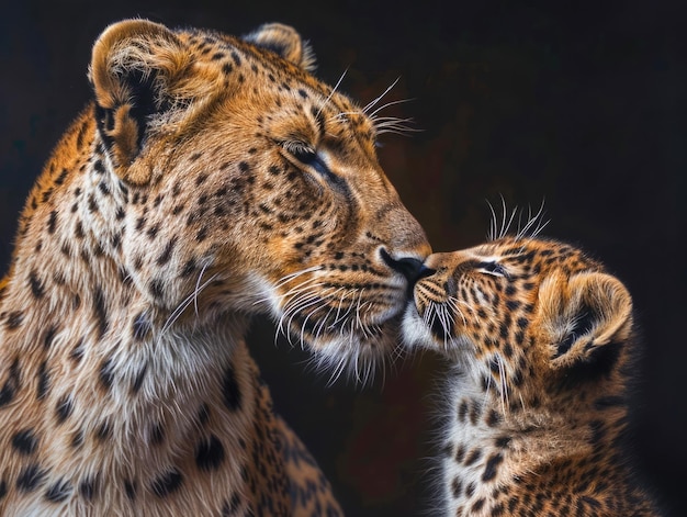 Momento de ternura entre leopardo adulto e filhote em fundo escuro em alto detalhe