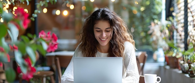 Momento de trabalho remoto alegre em um conceito de café acolhedor Trabalho remoto Café acolhedor Espaço de trabalho produtivo Pausa de café Equilíbrio entre a vida profissional