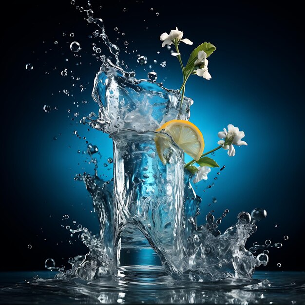 Momento dinámico de agua salpicando de una botella sobre un vaso lleno de hielo