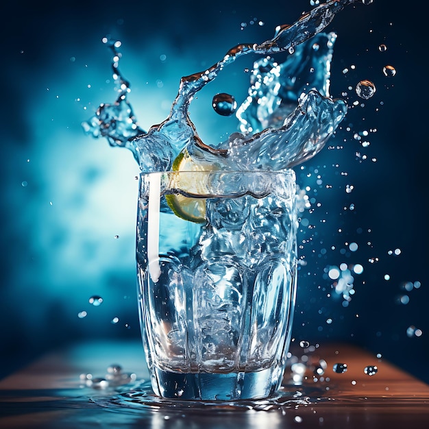 Momento dinámico de agua salpicando de una botella sobre un vaso lleno de hielo