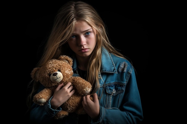 El momento emocional de una adolescente abrazando a un oso de peluche en chaqueta de mezclilla