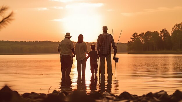 Momento emocionante com várias gerações de pais e seus filhos à beira do lago sereno