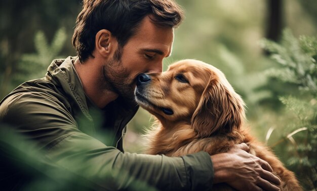 Foto momento emocionante o abraço afetuoso de um homem com seu cão