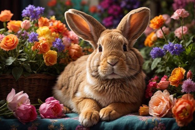 Momento encantador: aventura lúdica do coelho no jardim de flores