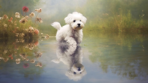 Un momento encantador capturado cuando un cachorro persigue juguetonamente su propio reflejo en un estanque tranquilo creando un